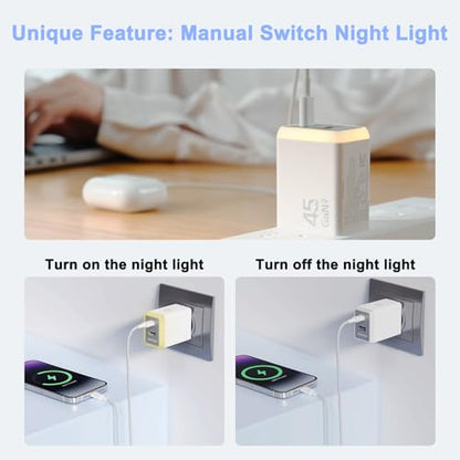 45W USB C Charger Block,USB C Travel Wall Charger with Night Light(Touch Switch),GaN 2 Port Fast Charging for iPhone 17/17 Pro/17 Pro Max/16/15/14/13/12,iPad,Samsung Galaxy S25 S24 S23