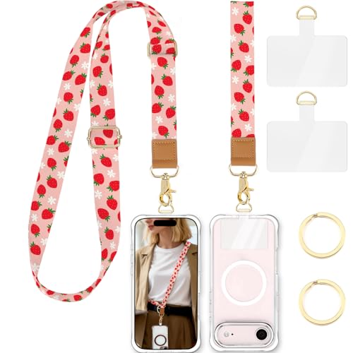 Phone Lanyard Crossbody Strap, Adjustable Neck Strap and Wristlet Strap for Phone Wallet ID Badge with 2 Phone Tabs - color: Red Strawberry Flowers