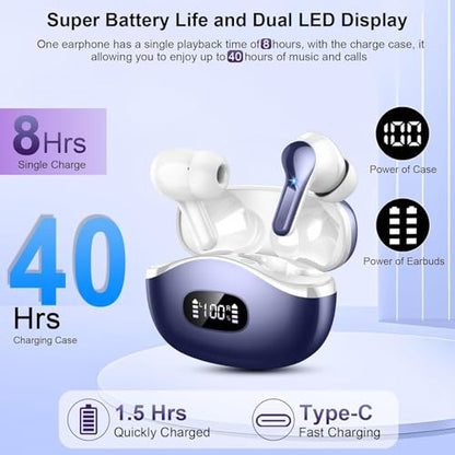 Wireless Earbuds, Bluetooth Headphones 5.4 HiFi Stereo Ear buds with ENC Noise Cancelling Mic, 40H Bluetooth Earbuds with Dual LED Display Charging Case, IP7 Waterproof Earphones for Android iOS, Blue - color: navy blue