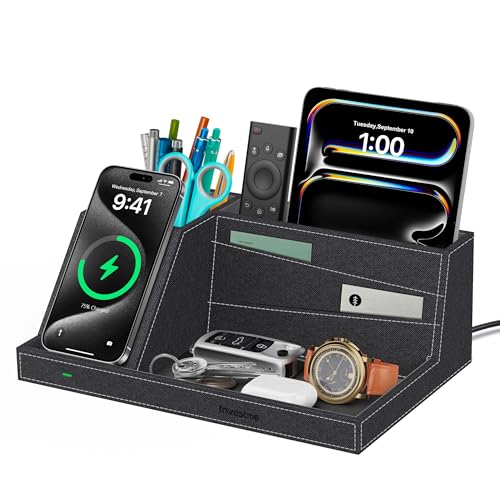 Wireless Charger with Desk Organizer, Fast Charging Station - color: Black-Cross Pattern
