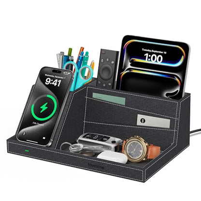 Wireless Charger with Desk Organizer, Fast Charging Station - color: Black-Cross Pattern