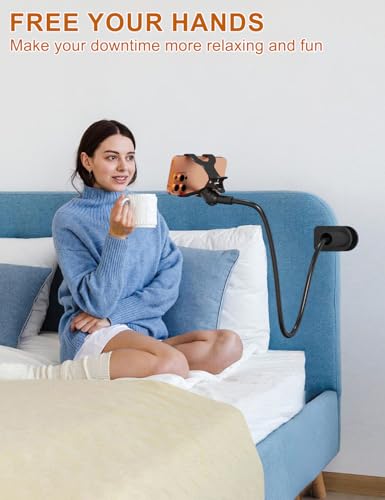 Phone Holder for Bed, Gooseneck Phone Holder for Desk Bedside Table, Flexible Gooseneck Long Arm Stand with Adjustable 360°Cell Phone Mount Clamp Clip for iPhone and All 4-7" Phone