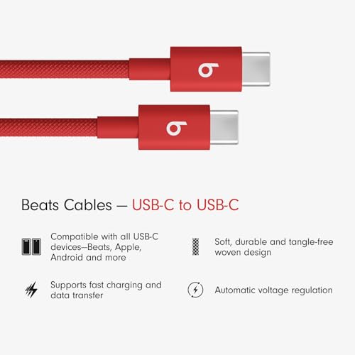 Beats USB-C to USB-C Woven Cable Fast Charging Durable/Tangle-Free Compatible Charger for Apple & Android Devices (1.5 m, 5 ft) - Rapid Red - color: Rapid Red, size: 5 ft, style: USB-C to USB-C