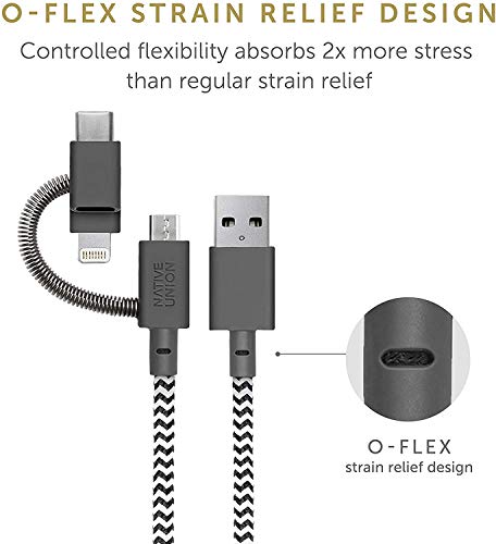 Native Union Belt Cable Universal - 6.5ft Ultra-Strong Reinforced [MFi Certified] Durable Charging Cable with 3-in-1 Adaptor for Lightning, USB-C and Micro-USB Devices (Zebra) - color: Zebra