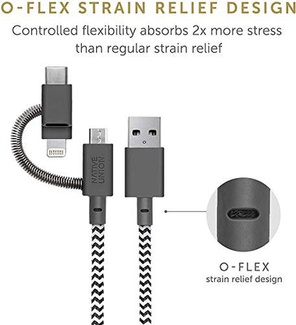 Native Union Belt Cable Universal - 6.5ft Ultra-Strong Reinforced [MFi Certified] Durable Charging Cable with 3-in-1 Adaptor for Lightning, USB-C and Micro-USB Devices (Zebra) - color: Zebra