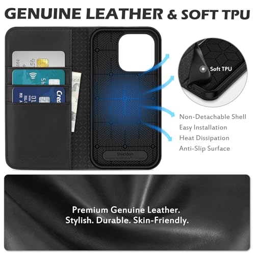 SHIELDON Genuine Leather Wallet Case for iPhone 14 Pro 6.1" 2022, Black | Magnetic Closure, RFID Blocking, Credit Card Holder, Kickstand, Folio Book Design, Shockproof Phone Cover - color: Black