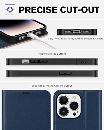 TUCCH Wallet Case for iPhone 14 Pro (6.1") 2022, 4 Card Slots, Blue & Brown | RFID Blocking, Viewing Stand, Shockproof TPU Shell, PU Leather, Magnetic Closure, Protective Folio Flip Cover - color: Two Colors - Dark Blue & Brown