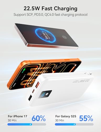 Portable Charger 12000mAh 22.5W w/Built-in Cable & Wall Plug White - color: White