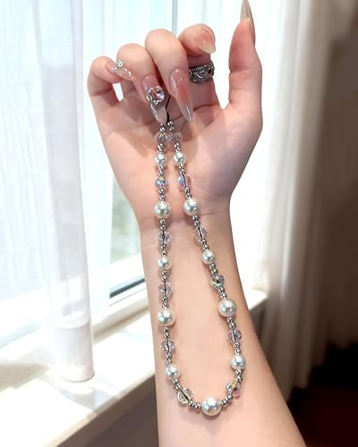 Crystal & Pearl Phone Charm Wrist Strap, Beaded Lanyard Wristlet Chain, Hands-Free Bracelet Strap for Phone Cases - color: Crystal+pearl