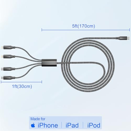 USB C to USB C/Dual Lightning/Micro USB Charging Cable 2M/6Ft, 4 in 1 Multi Charging Cable for Multiple Devices, Braided Universal iPhone Charger Cord for Cell Phones, iPhone Series, Tablets, Galaxy