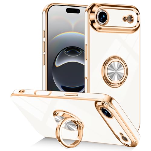 Designed for iPhone Air Case with Ring Stand Slim White | 360° Rotatable Finger Holder, Support Magnetic Car Mount, Soft TPU Electroplated, Full Lens Protection, Shockproof Phone Case - color: White, size: 6.5'' iPhone Air