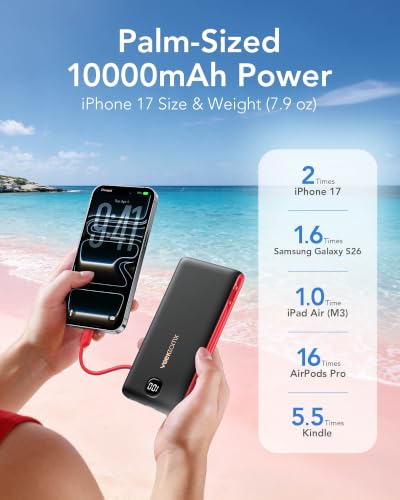 VEEKTOMX Portable Charger with Built-in Cables and AC Wall Plug, 10000mAh - color: Black Red