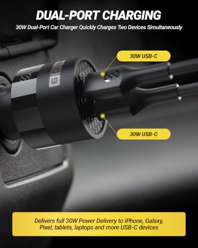 Scosche 60W USB-C Car Charger, 30W + 30W Dual Power Delivery Fast Charging, USB-C Car Charger Adapter for Charging Multiple Devices, Compatible with iPhone Air, iPhone 17/16/15, Galaxy S26/S25