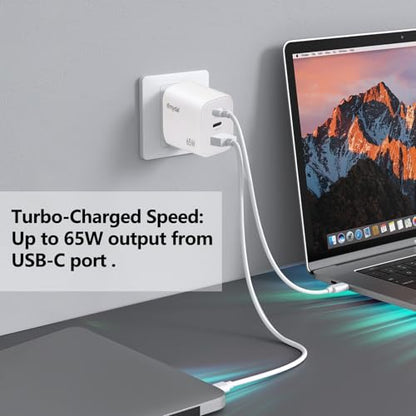 65W GaN USB-C Fast Charger Block with Dual USB-C & USB-A Ports, Compact Power Adapter for MacBook, iPad, iPhone, Galaxy, and More (White) - color: White