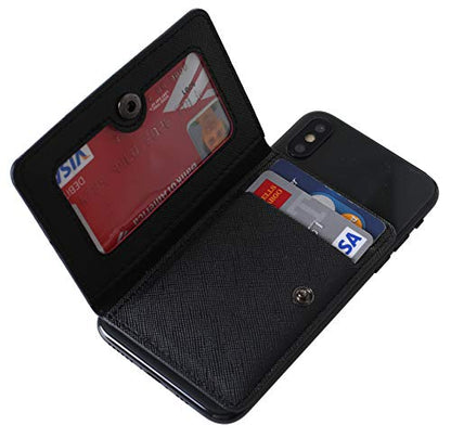 ID Card Holder for Back of Phone Leather Phone Wallet Stick On with Stand Flip Waterproof Leather Adhesive Wallet for Most Cellphones (Black) - color: Black