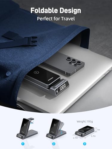 Wireless Charger for Samsung S25 with Clock 3 in1 Foldable Charging Station - color: Grey