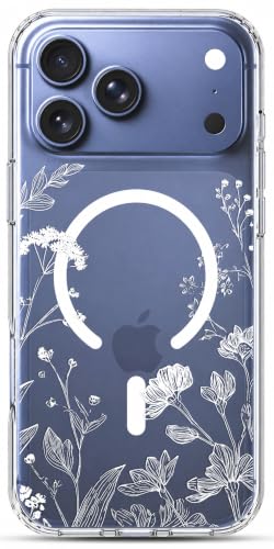 Ranz Clear Floral Phone Case for iPhone 17 Pro Max – Transparent Magnetic Cute Flower Case for Women Girls, Slim Shockproof Protective Cover Aesthetic Case - Minimalist White Floral - color: Minimalist White Floral, size: iPhone 17 Pro Max