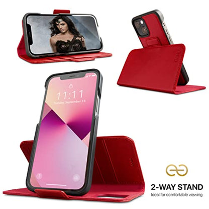 Dreem Vegan Leather Magnetic Detachable Wallet Case for iPhone 13 Red | Built-in Phone Stand, RFID Blocking Card Holder Flip Cover, MagSafe Compatible, Gift Box [Fibonacci: Red] - color: Red, size: iPhone 13