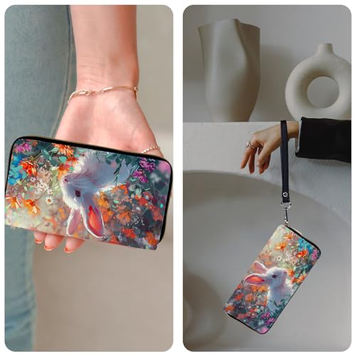 Ladies Wallet,Clutch Purses for Women Wallets Leather Credit Card Holder for Women Wristlet Slim Small Cute with Zipper,Thin RFID Blocking with Wrist Strap,Cute Bunny - color: Cute Bunny