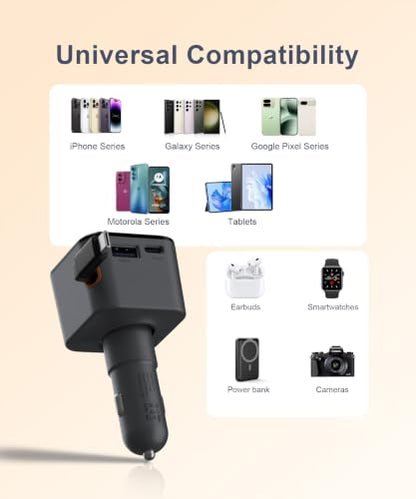 97.5W Retractable Car Charger with Real-Time Voltage Display, 3 in 1 Fast USB C Car Charger Built-in 27in Retractable Cable for iPhone 12-17 Pro Max, Samsung Galaxy S25, Android