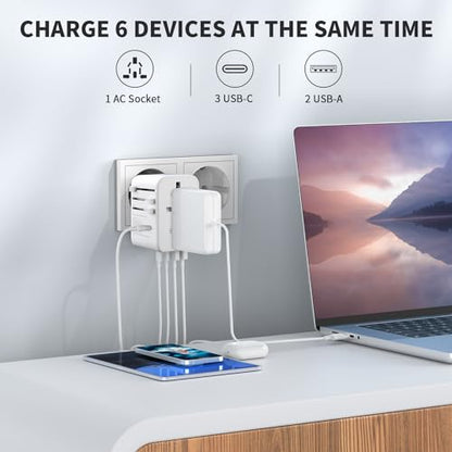 Epicka 70W GaN PD Universal Travel Adapter, 3USB-C/2USB-A - style: 70W-5USB(3 USB-C) White