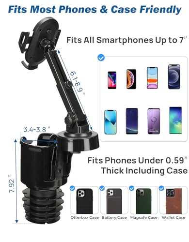 JOYTUTUS Cup Holder Phone Mount for Car, Car Cellphone Large Adapter Long Arm with 360 Degree Rotation, Compatible with iPhone, Samsung & All Smartphones,Black,1 Pack - color: black