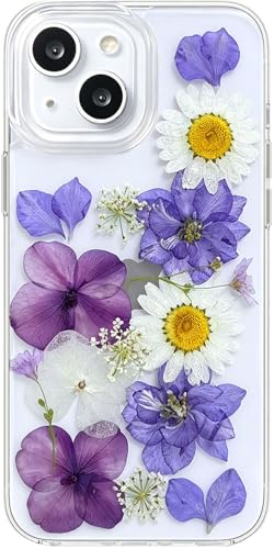 Abbery for iPhone 13/14/15 Clear Case Flower Design Cute Real Pressed Dried Daisy White Blue Purple Violet Floral Soft TPU Aesthetic Shockproof Slim Protective Women Girl's Girly Phone Cover - color: Purple Flower, size: for iPhone 13/14/15