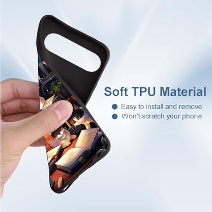 for Google Pixel 9 Pro XL Phone Case TPU Shockproof Full Body Protection Cover 6.8" Cat Bookshelf for Pixel 9 Pro XL Lightweight Compatible Wireless Charging Screen Protector Film - color: Cat Bookshelf