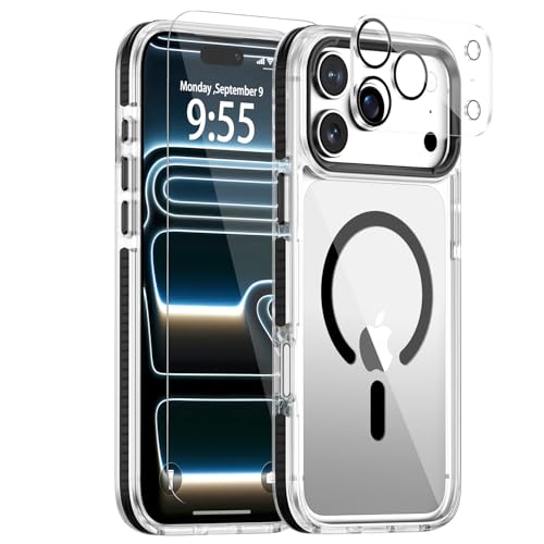 for iPhone 17 Pro Max Clear Case,Compatible with MagSafe,Anti-Yellowing Transparent Phone Case with Black Anti-Slip Bumper,Shockproof Protection,Screen & Lens Protector Cover - color: A5-Clear Black Anti-slip, size: iPhone 17 pro Max (6.9")