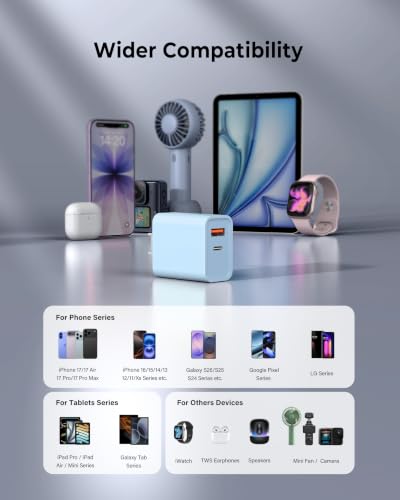 3 Pack USB C Wall Charger, 20W Durable Dual Port QC+PD 3.0 Power Adapter, Double Fast Plug Charging Block for Phone 14/15/16/17 Pro/Pro Max/Plus, XS/XR/X, Watch Series 8/7 Cube - color: Baby Blue