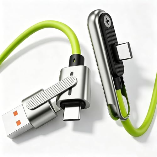 Fast Charger 240W Stand Silicone Data Cable with Invisible Holder 4FT 2-in-1 USB C/A to 90 Degree USB C Cable Charging Cord for Flat & Phone Suitable for Gaming Office and Travel