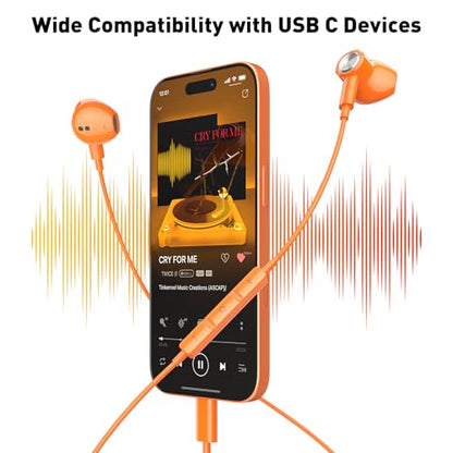 USB C Headphones Magnetic Wired Earbuds with Mic for Apple/Samsung Android - color: Orange