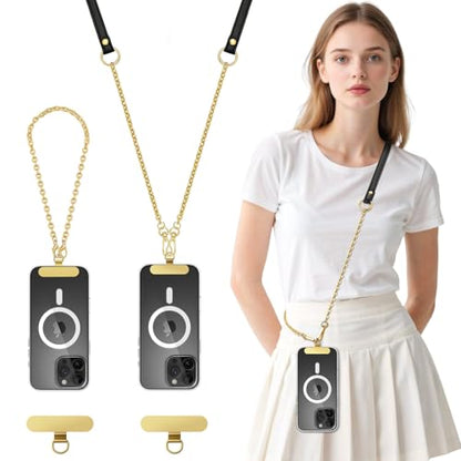 MoKo Universal Phone Crossbody Lanyard Phone Chain, Anti-Theft Adjustable Cellphone Cross Body Neck Strap & iPhone Wrist Strap with 2×Metal Tether Tabs for iPhone 17, Most Smartphones, Black&Gold - color: Black&gold