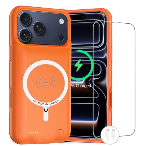 Battery Case for iPhone 17 Pro, 10000mAh Rechargeable Portable Charging Case with Wireless Charging Compatible for iPhone 17 Pro (6.3 inch) with Carplay Extended Battery Pack Charger Cover (Orange) - size: iPhone 17 Pro-10000mAh Orange