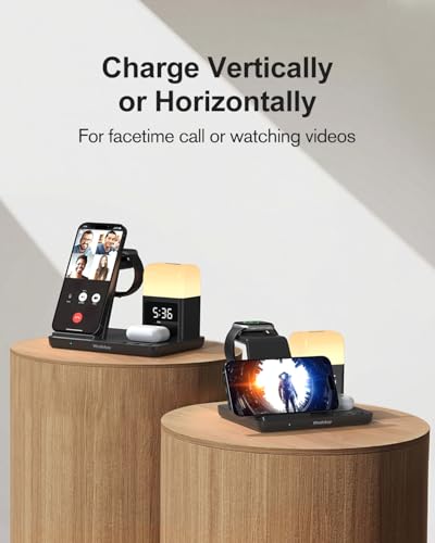 Wireless Charging Station Alarm Clock with 8 Touch Night Lights: 5 in 1 Charger Stand for Apple Devices, Charging Dock for iPhone 17 16 15 14 13 12 Pro Max Plus/Apple Watch/AirPods, Dimmable