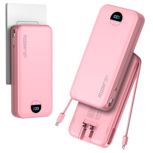 Portable Charger Power Bank 20000mAh with Built in Cables & Wall Plug - color: Pink