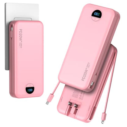 Portable Charger Power Bank 20000mAh with Built in Cables & Wall Plug - color: Pink