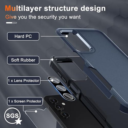 Case for Samsung Galaxy A15 5G, Full Body Heavy Duty Rugged Shockproof Protective Phone Cover with Lanyard Strap, Tempered Glass Screen Protector and Camera Lens Cover, Navy Blue | Rugged Shockproof Protective Phone Case with Lanyard Strap,Tempered Glass