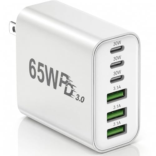 USB C Charger Block, 65W 6-Port Fast Charging Adapter with Gallium Nitride, Power Delivery and Quick Charge for Smartphones, Tablets and USB-C Devices (1Pack_65W)