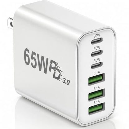 USB C Charger Block, 65W 6-Port Fast Charging Adapter with Gallium Nitride, Power Delivery and Quick Charge for Smartphones, Tablets and USB-C Devices (1Pack_65W)