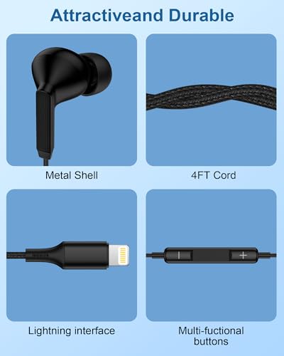 iPhone 14 Headphones Wired Earbuds with Lightning Connector MFi Certified - color: Black-1 Pack