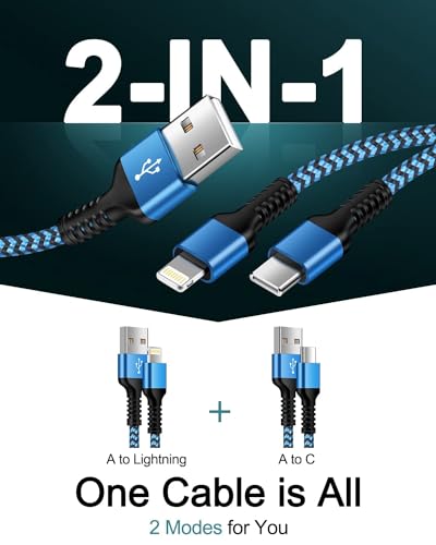 3Pack-4FT Apple & Android USB to Lightning USB-C 2-in-1 Fast Charger Cable - color: 3Pack 2 in 1 Cable