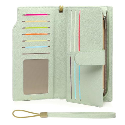 GAEKEAO Womens Wallets Large Capacity Leather Card Holder RFID Blocking Wristlet Clutch Long Travel Ladies Purse - color: Z03-Green