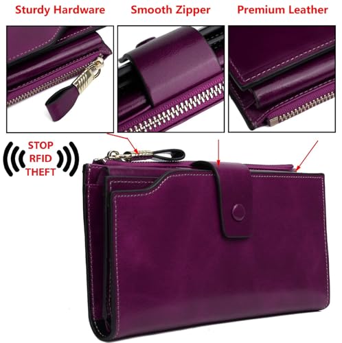 YALUXE Women's Real Leather Wallet RFID Protect 21 Card Slots Phone Pocket - color: 5- Waxed Fuchsia, size: Genuine Leather