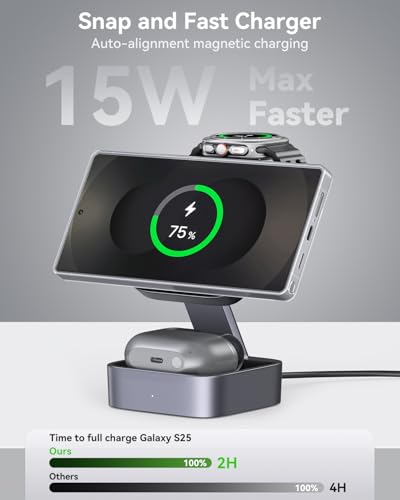 3 in 1 Charging Station for Samsung, Foldable Wireless Charger Station, Travel Magnetic Fast Charger Stand for Galaxy S26-S21/Z Fold/Flip Series, Galaxy Watch Ultra/8-5 & Galaxy Buds Pro/3/2 Series