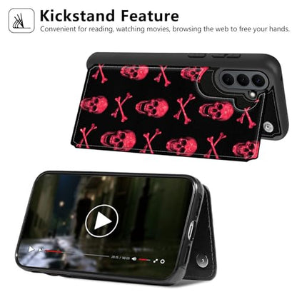 Pink Skull Wallet Case for Samsung Galaxy A17 5G, Shockproof RFID Blocking PU Leather Flip Folio Cover with Card Holder, Kickstand & Magnetic Closure, Protective Phone Case - color: Pink skull, size: Galaxy A17