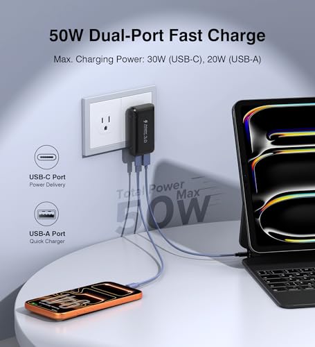 [2-Pack] Ultra Slim Flat USB Wall Charger 50W Dual Port USB C Charger Block - color: Black
