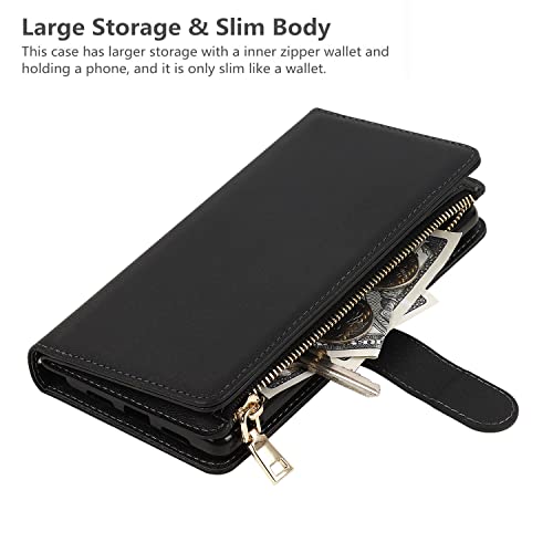 iCoverCase for Samsung Galaxy S23 Wallet Case with Card Holder, Kickstand Feature PU Leather Case with Adjustable Crossbody Lanyard Magnetic Clasp Zipper Pocket Flip Cover (Black) - color: Black, size: Galaxy S23