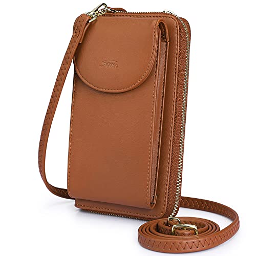 S-ZONE Small Crossbody Bags for Women Phone Purse RFID Blocking Wallet | Card Slots, Vegan Leather, Anti-theft, Multi Pockets, Detachable Adjustable Strap, Travel Eveyday Outing - color: Brown