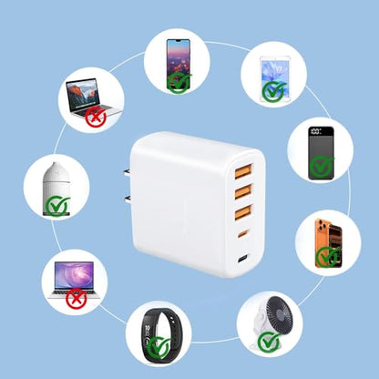 60W Multi-Port USB-C Charger with Cables (4FT + 6FT), 5-Port Wall Plug Power Adapter Compatible with iPhone 17/16/15 Series, iPad, Samsung S25/S24, Headphones, smartwatches, and More